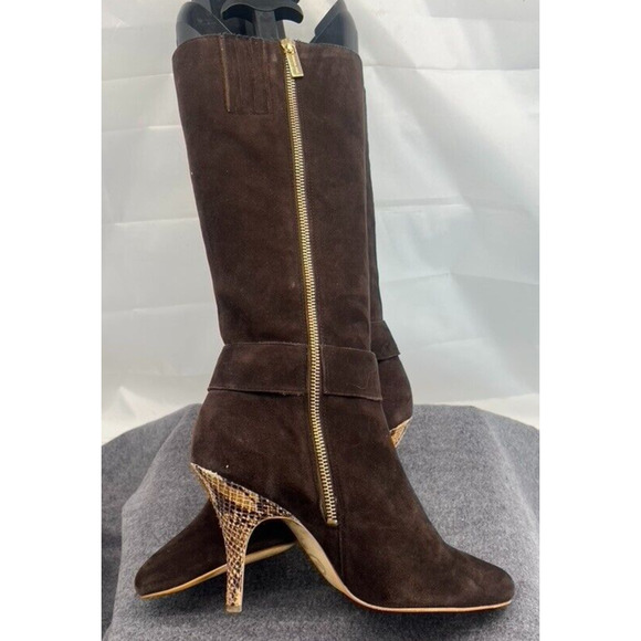 Michael Kors Brown Suede Leather Tall Boots High Heel Gold Emblem Size 9 - Picture 5 of 10